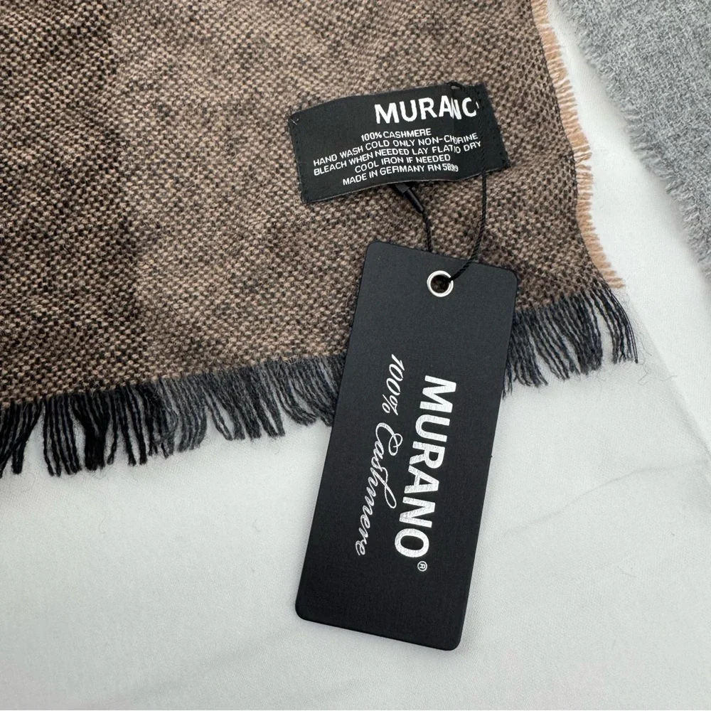 MWT MURANO 100% Cashmere Fringed Scarf Muffler Plaid 13 X 70”